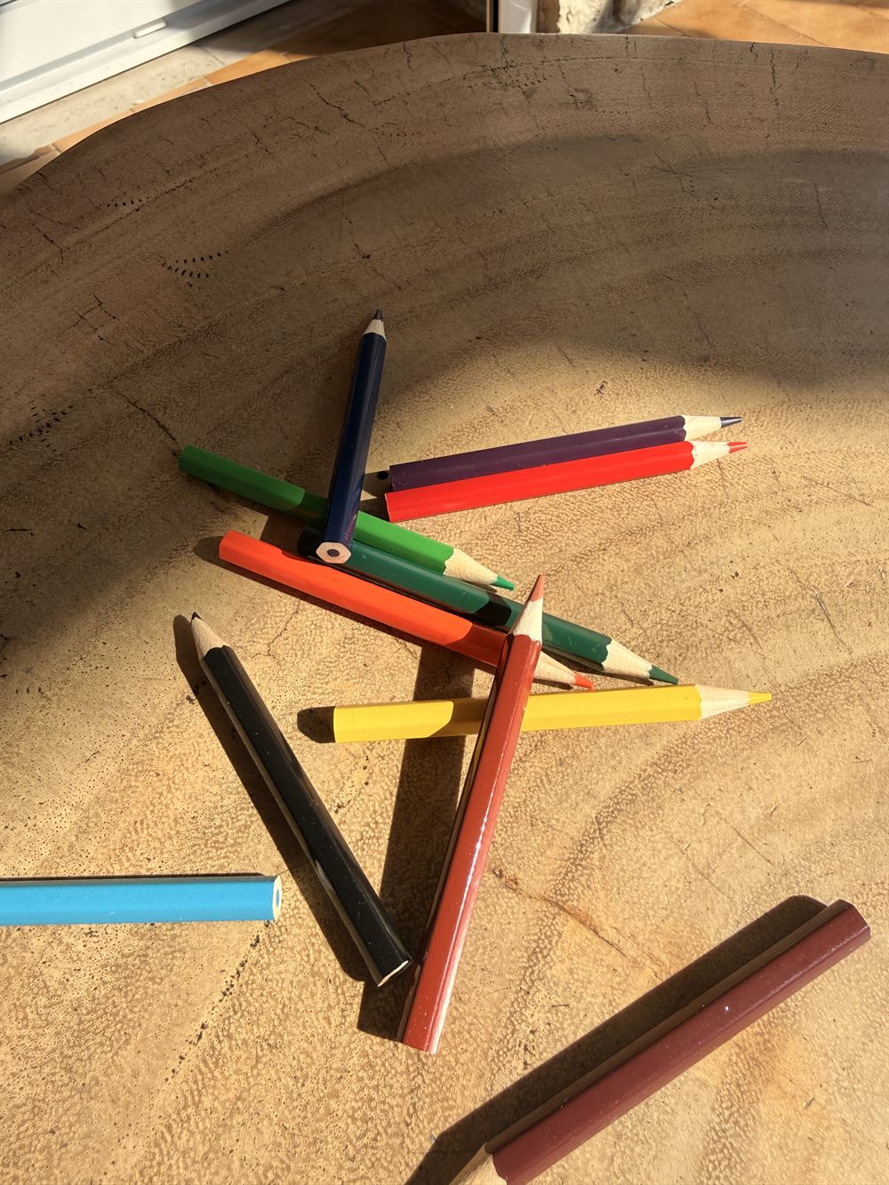 Des crayons de couleur sur une souche